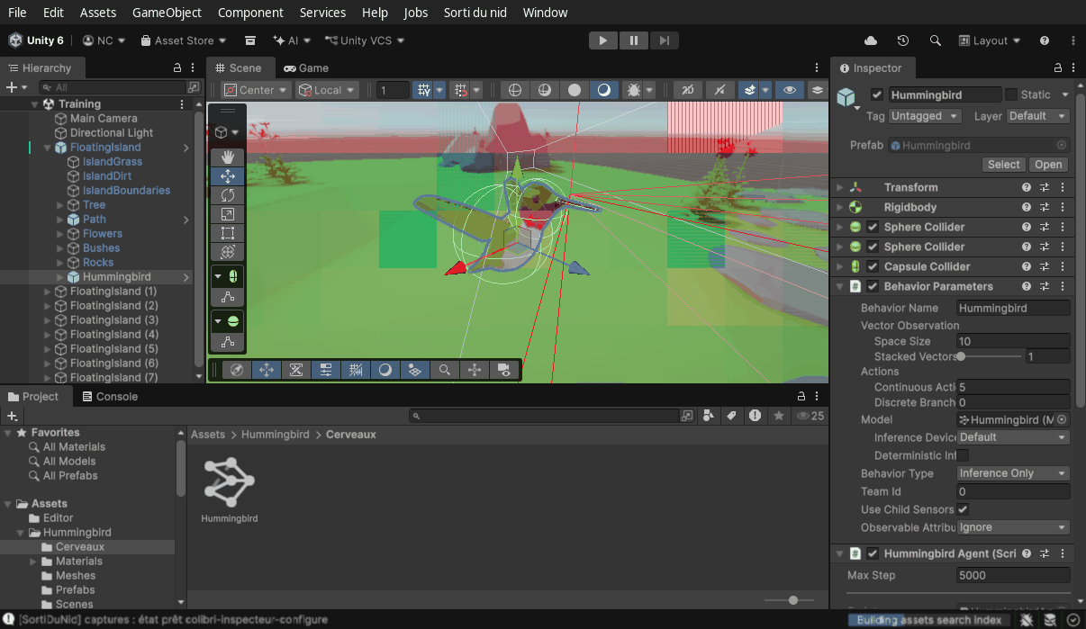 Unity 6 : le colibri avec son cerveau. Behavior Parameters : Model = Hummingbird (Model Asset), Behavior Type = Inference Only ; dessous, Hummingbird Agent avec Max Step 5000.