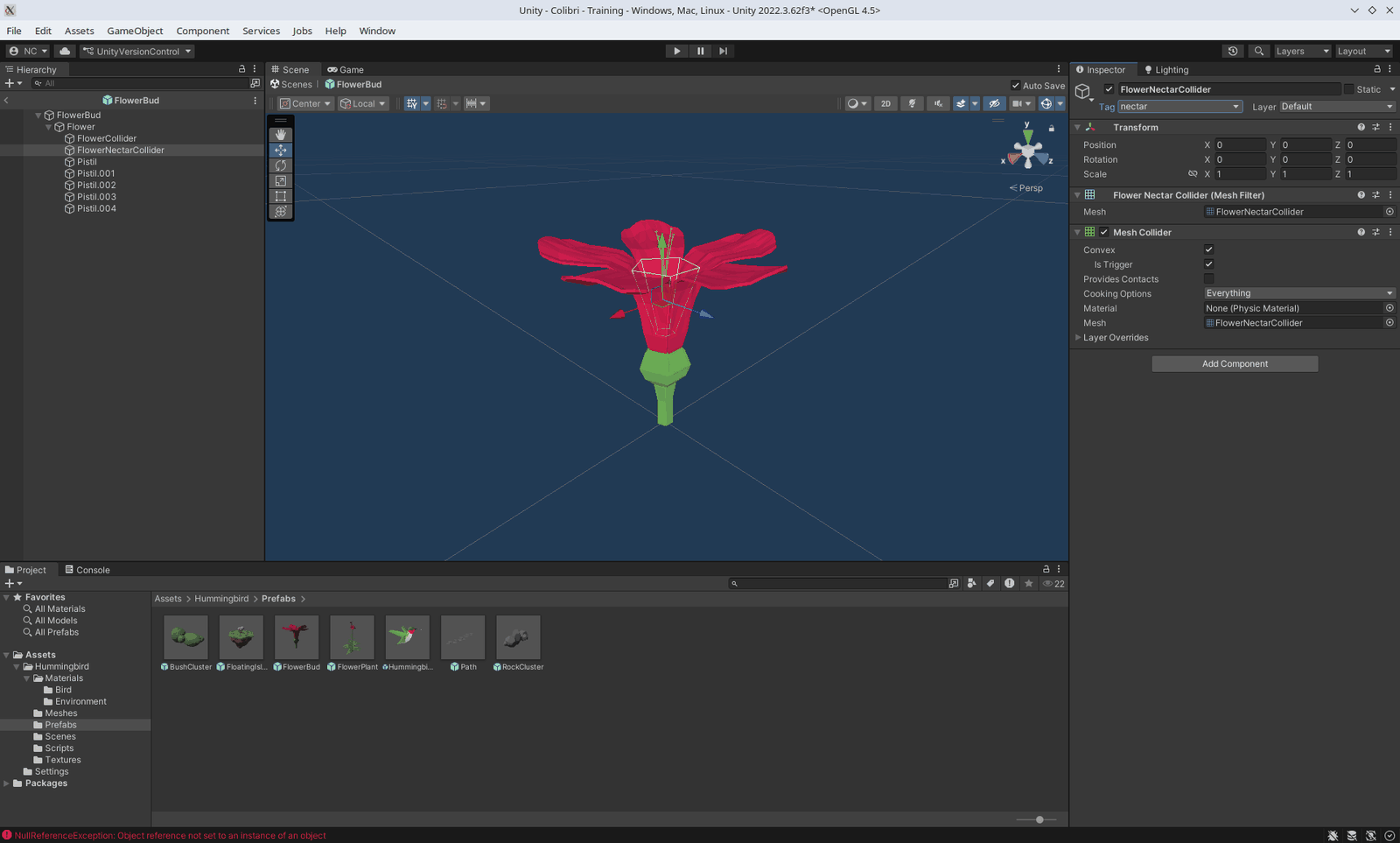 FlowerNectarCollider dans le prefab FlowerBud : tag nectar, Mesh Collider avec Convex et Is Trigger cochés.
