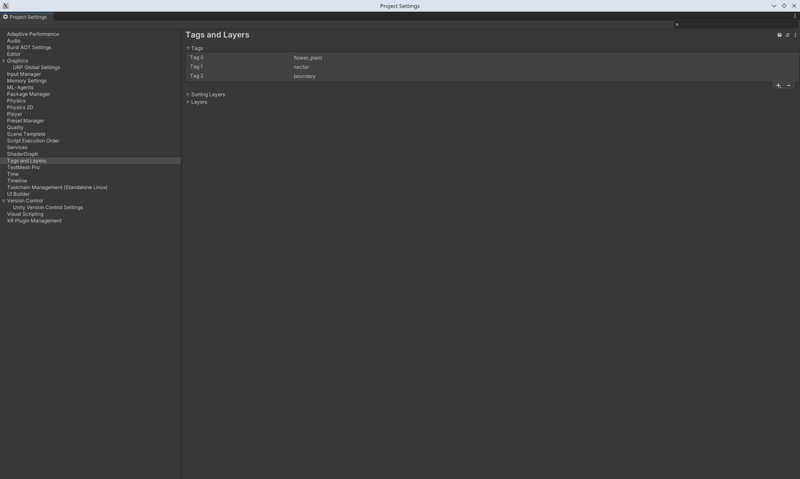 Project Settings > Tags and Layers : les trois tags, tels quels.