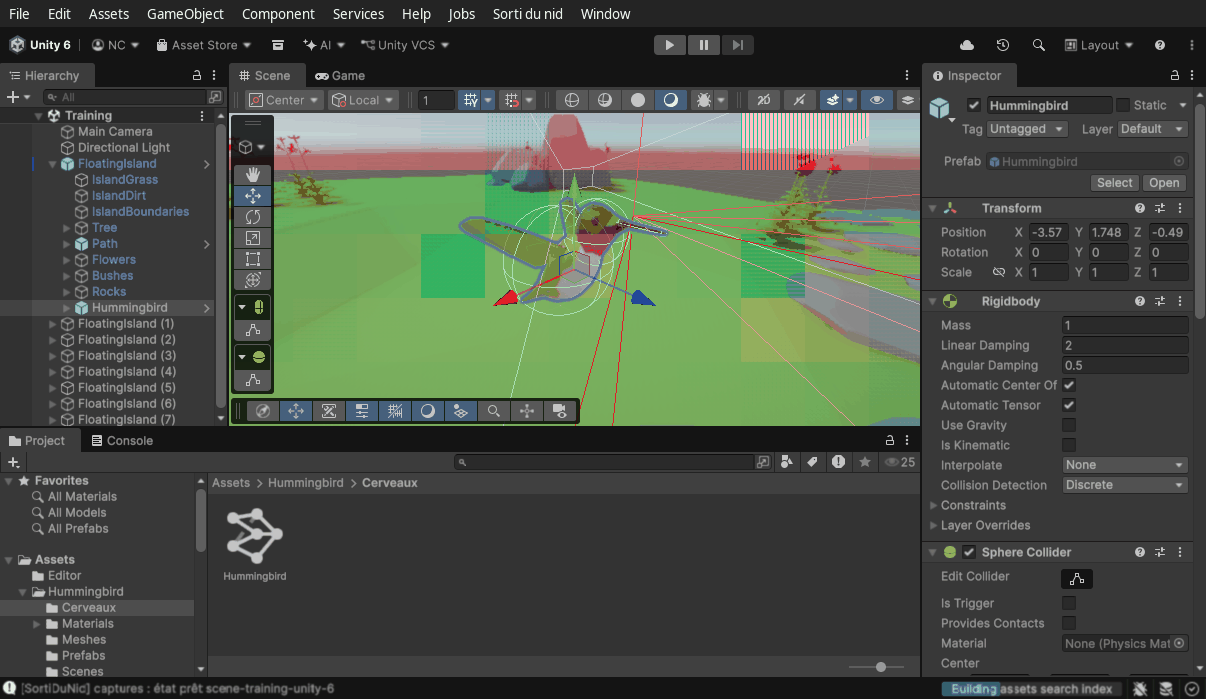 Unity 6 : la scène Training du projet de ce guide avec ses huit îles, le colibri de la première sélectionné (ses rayons de perception apparaissent en rouge dans la vue Scene).