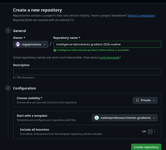 Formulaire de création de dépôt GitHub dans l'organisation cegepmatane avec le template nadineprofesseur/starter-gradients